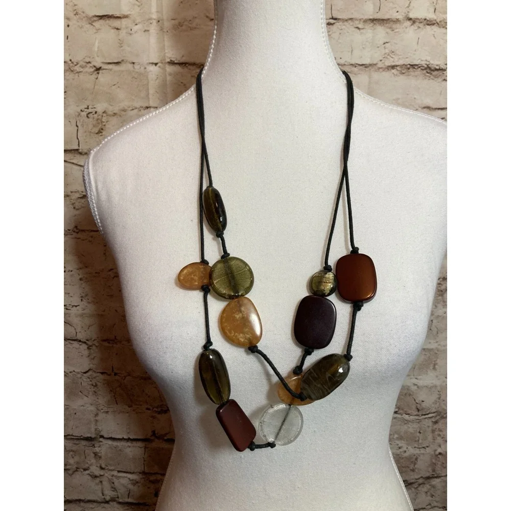 Boho Long Cord Necklace Mixed Resin Beads Artsy Brown Olive Modern Earthy Ethnic